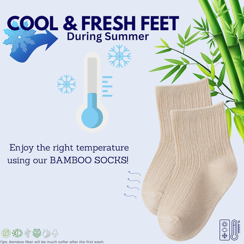 Baby Toddler Kids 0-8y Anti Odor Unisex Premium Summer Bamboo Socks Super Soft Crew 6 Pack